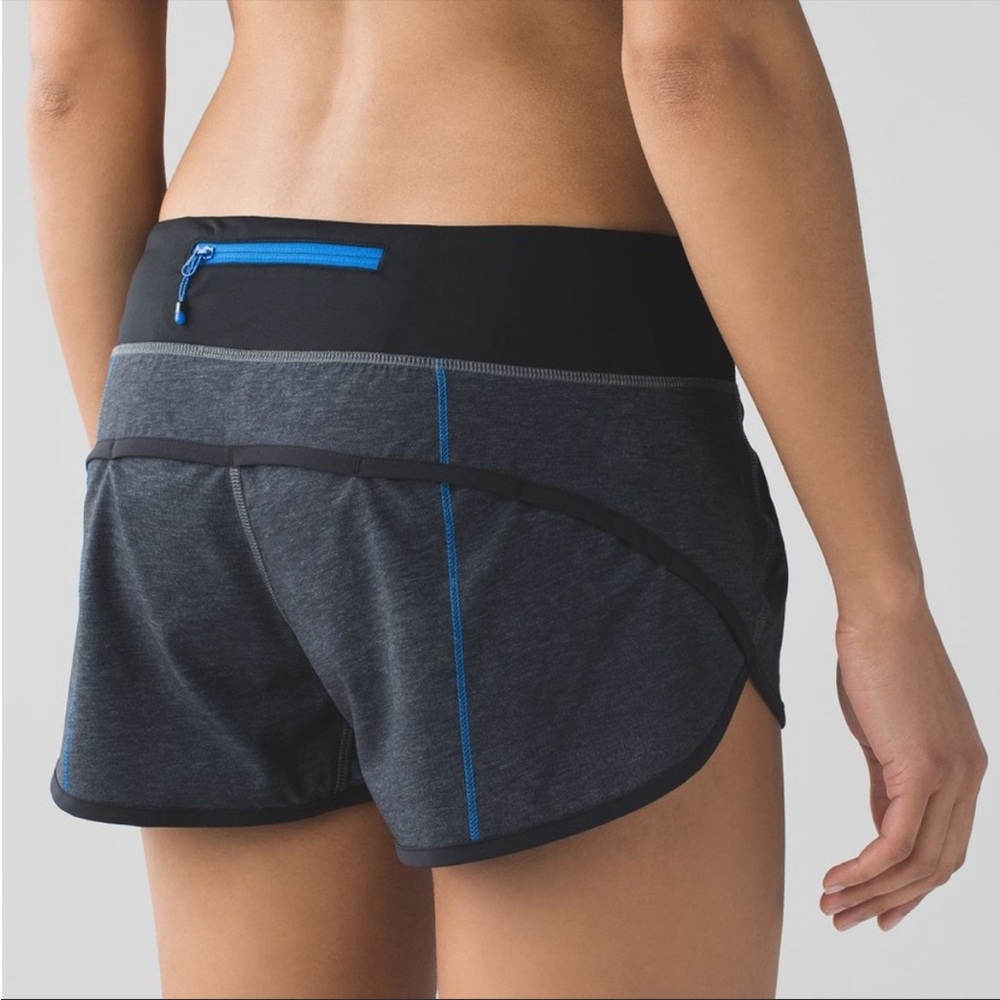 lululemon athletica Dark Gray and Black Athletic Shorts with Blue Trim